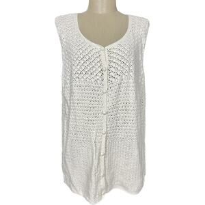 Vintage Liz Claiborne Ivory Crochet Knit Button Sweater Vest Cardigan Size Large